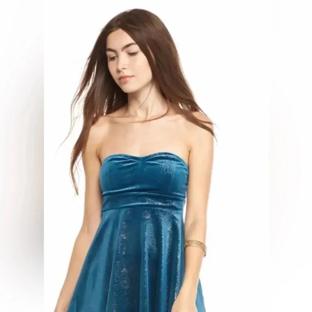 Free People Turquoise Shatter Shine Velvet Tube Sparkle Strapless Dress Size M